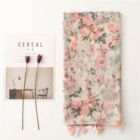 Floral Print Scarf Shawl Lightweight Polyester Tassel Trim Large Flower Fresh Pastoral Style For Women Beach Sunscreen