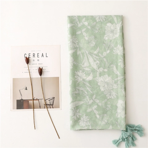 Women Elegant Floral Print Scarf Light Green Polyester Voile Shawl With Tassels Long Soft Wrap