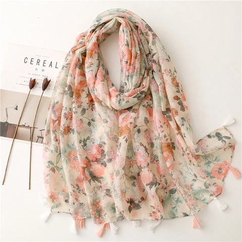 Floral Print Scarf Shawl Lightweight Polyester Tassel Trim Large Flower Fresh Pastoral Style For Women Beach Sunscreen