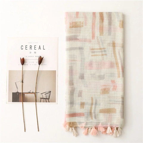 Long Scarf Shawl Abstract Geometric Print Lightweight Tassel Trim Cotton Linen Feel Polyester For Women