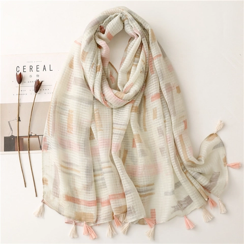 Long Scarf Shawl Abstract Geometric Print Lightweight Tassel Trim Cotton Linen Feel Polyester For Women