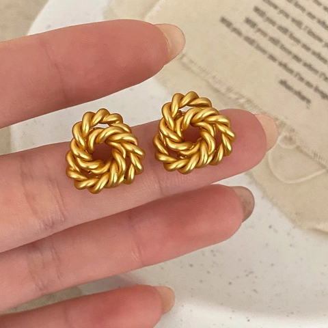 Matte Gold Braided Twist Stud Earrings Copper Minimalist Geometric Hollow Rope Ear Jewelry For Women