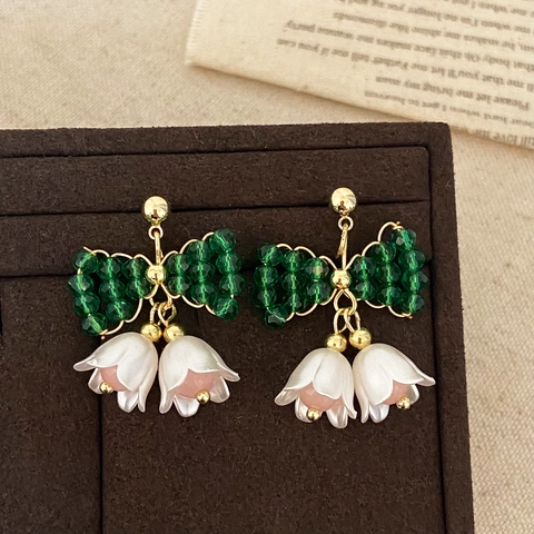 Lily Of The Valley Blume Schleife Ohrhänger Mit 925 Sterling Silber Ohrstecker Grüner Kristall Harz Süßer Schmuck