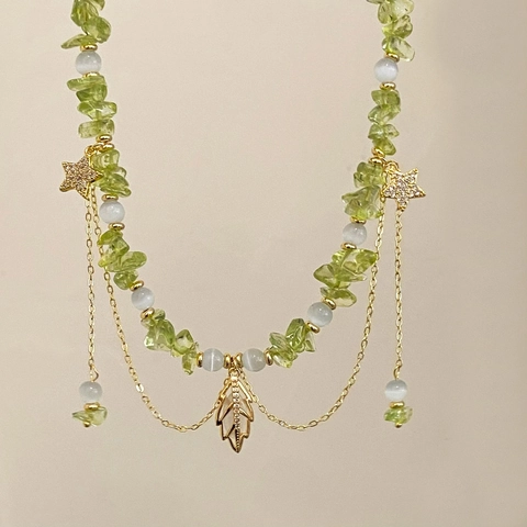 Beaded Necklace With Natural Green Stone Gravel White Cat Eye Beads Gold Plated Copper Leaf Star Pendants Dainty For Women