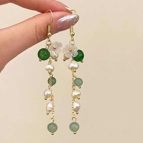 Retro Chinese Stijl Lange Kwastje Oorbellen 18K Verguld Koper Zoetwaterparels Groene Agaat Mat Bloem Elegant