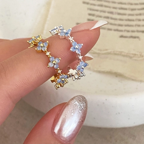 Anello Aperto Regolabile Fiore Zircone Blu Rame Placcato Oro Argento Stile Coreano Gioielli Di Nicchia Donna