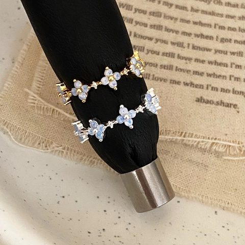 Anello Aperto Regolabile Fiore Zircone Blu Rame Placcato Oro Argento Stile Coreano Gioielli Di Nicchia Donna