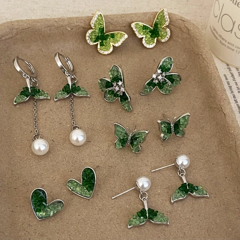 Green Crystal Butterfly Heart Stud Earrings With 925 Sterling Silver Earring Post Elegant Light Luxury Jewelry For Women