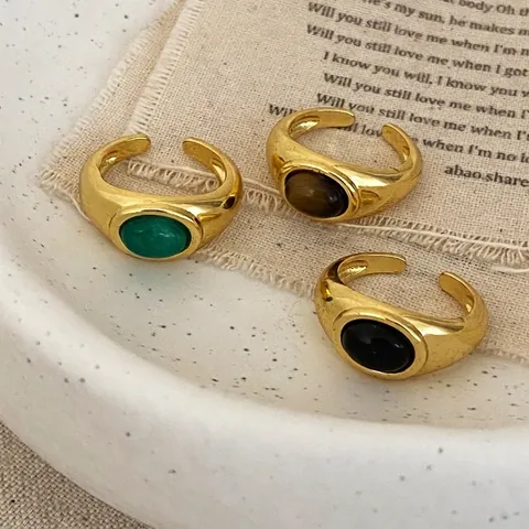 Anello Aperto In Rame Vintage Ovale Occhio Di Tigre Agata Nera Calcedonio Verde Gemma Donne Stile Francese Gioielli Regolabili