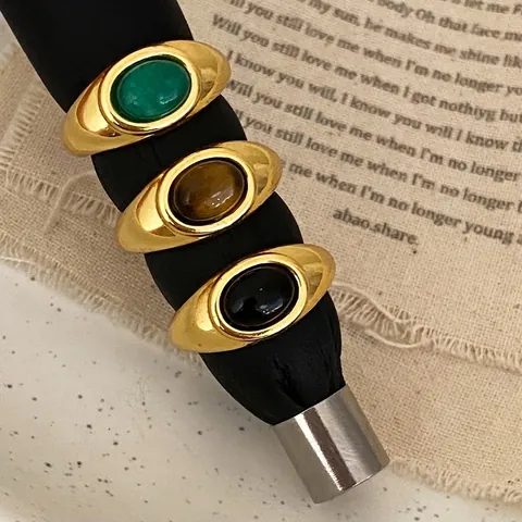 Anello Aperto In Rame Vintage Ovale Occhio Di Tigre Agata Nera Calcedonio Verde Gemma Donne Stile Francese Gioielli Regolabili