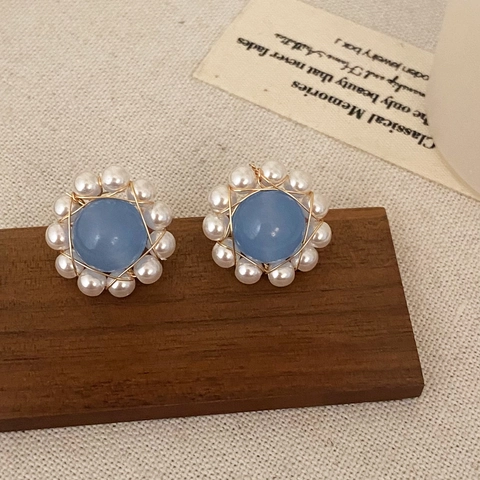 Orecchini A Lobo Fiore Pietra Naturale Blu Cielo Künstliche Perle Vintage Per Donna 925 Sterling Silver Earring Post