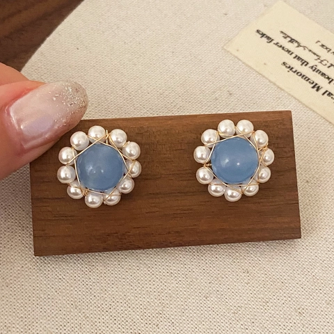 Orecchini A Lobo Fiore Pietra Naturale Blu Cielo Künstliche Perle Vintage Per Donna 925 Sterling Silver Earring Post