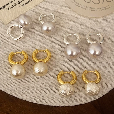 French Style Hoop Earrings With 925 Sterling Silver Earring Post And Large Cotton Artificial Pearl Dangles Copper Jewelry For Women