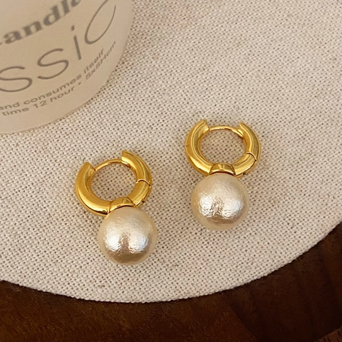 French Style Hoop Earrings With 925 Sterling Silver Earring Post And Large Cotton Artificial Pearl Dangles Copper Jewelry For Women