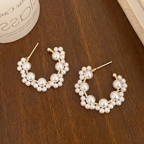 C-Shaped Hoop Earrings With Faux Artificial Pearls And Gold Plated Copper Wire Wrapped Elegant Versatile Jewelry For Women
