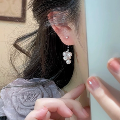 Artificial Pearl Drop Earrings With 925 Sterling Silver Earring Post Cluster Flower Pink Purple Dangle Elegant Gentle For Women