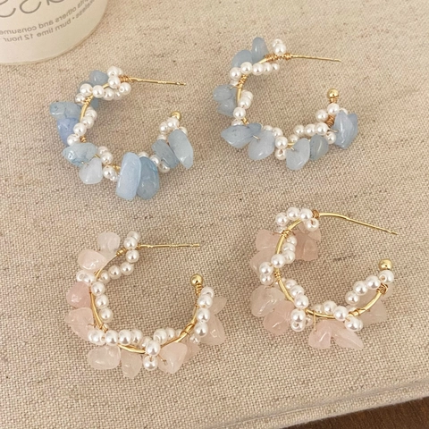 Handgefertigte C-Förmige Creolen 18K Vergoldetes Kupfer Perle Naturstein Handgewebt Süß Frischer Stil Für Damen Schmuck