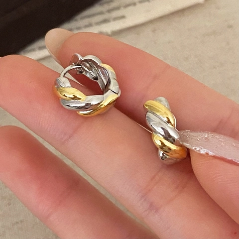 Pendientes De Aro De Cuerda Trenzada De Cobre Dos Tonos Oro Plata Chapado Pequeños Redondos Geométricos Para Mujeres