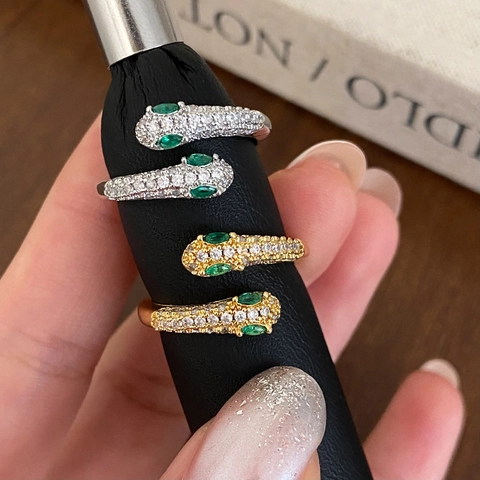 Anello Aperto Serpente In Rame Zirconia Occhi Verdi Regolabile Gioielli Di Moda Per Donna