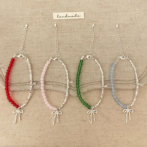 Bracciale Perline Rame Pietra Naturale Vetro Perline Geometriche Pendente Fiocco Gioielli Regolabili Per Donne Stile Dolce