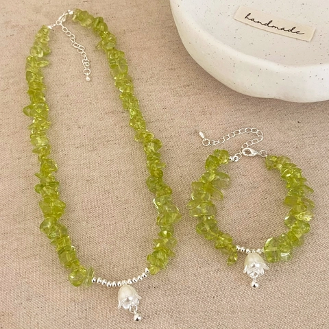 Collana E Bracciale Con Ciondolo Mughetto Pietra Naturale Verde Peridoto Perline Gioielli Fatti A Mano Donne