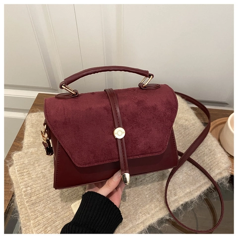 Women Crossbody Bag Suede PU Leather Patchwork Handbag Top Handle Gold Lock Retro Elegant Small Square Satchel
