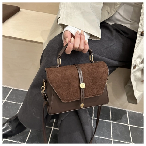 Women Crossbody Bag Suede PU Leather Patchwork Handbag Top Handle Gold Lock Retro Elegant Small Square Satchel
