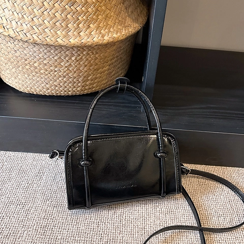 Petit Sac Carré Femmes Simili Cuir Haute Brillance Gaufré Double Poignée Bandoulière Amovible Sac À Main Rétro