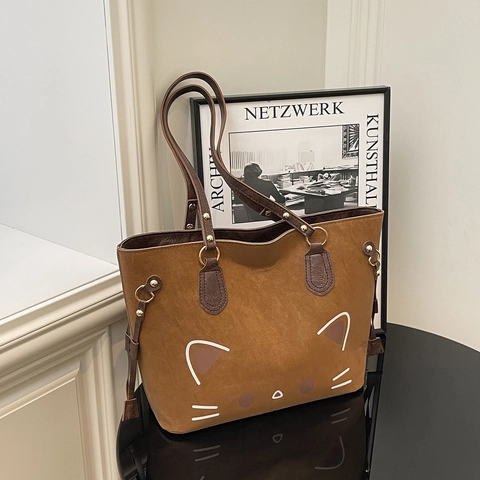 Sac Cabas Rétro Femmes Motif Chat Dessin Animé Grande Capacité Texture Daim Cuir PU Sac À Épaule Commuter Casual