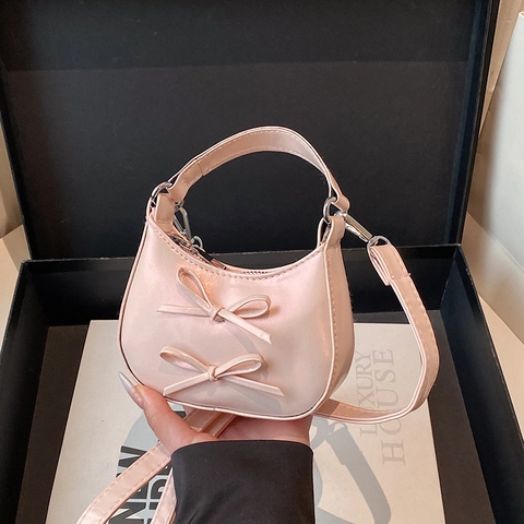 Mini Sac Bandoulière Demi-Lune pour Femmes Décoration Nœud Doux Sac à Main en Cuir PU Petit Sac Carré Avec Bandoulière Réglable