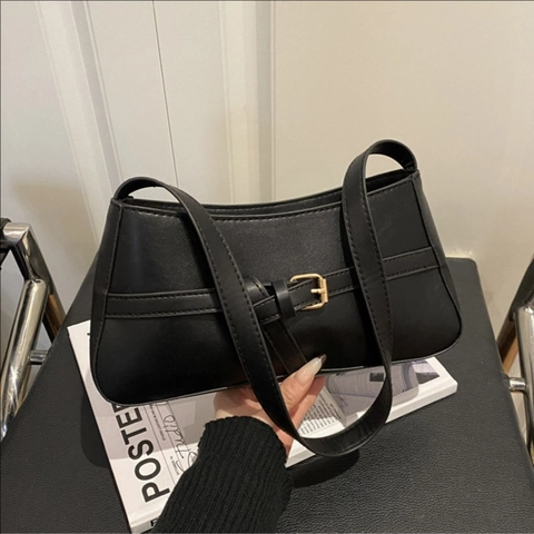 Bolso De Axila Baguette De Cuero PU Minimalista Para Mujer Con Diseño De Color Sólido Estilo Retro Decoración De Hebilla Dorada