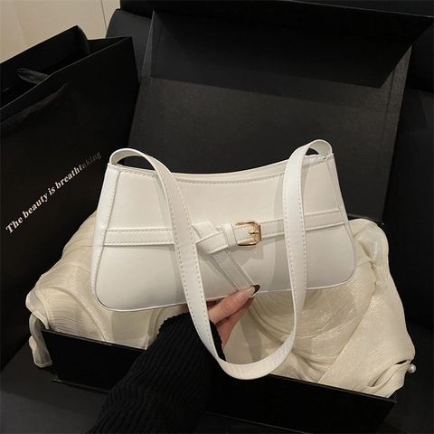 Bolso De Axila Baguette De Cuero PU Minimalista Para Mujer Con Diseño De Color Sólido Estilo Retro Decoración De Hebilla Dorada