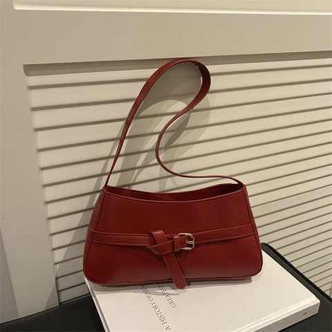 Vintage PU Leather Baguette Bag Solid Color Underarm Shoulder Bag With Gold Buckle Retro Minimalist Handbag For Women