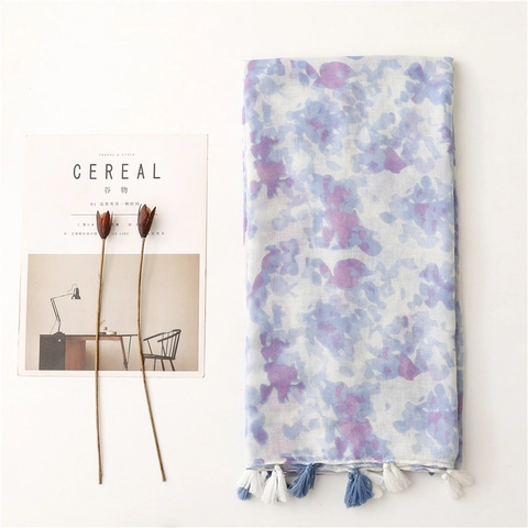 Elegant Women Scarf Shawl Polyester Watercolor Ink Wash Print Handmade Tassels Lightweight Artistic Long Wraps