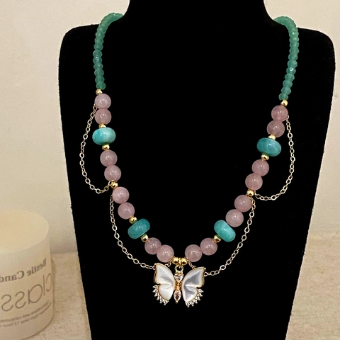 Butterfly Pendant Beaded Necklace Natural Stone Crystal Shell Double Layer Gold Plated Chain Elegant Jewelry For Women