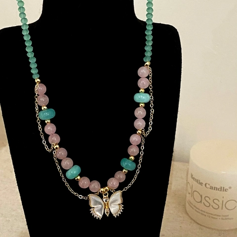 Butterfly Pendant Beaded Necklace Natural Stone Crystal Shell Double Layer Gold Plated Chain Elegant Jewelry For Women