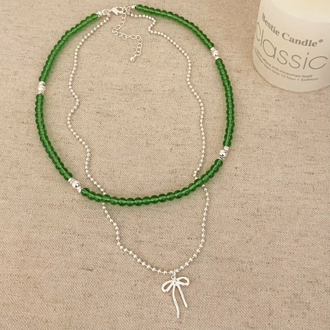 Double Layer Necklace With Natural Stone Glass Beads And Bowknot Pendant Alloy Copper Vintage Clavicle Chain For Women