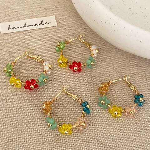 Handgefertigte Gewebte Blumen-Ohrringe Bohemia-Stil Bunte Kristallperlen Mit 925 Sterling Silver Earring Post