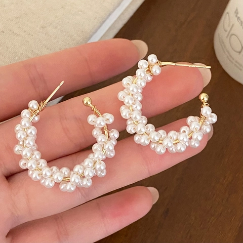 Künstliche Perlen C-Form Ohrringe Mit 925 Sterling Silber Stecker Kupfer Vergoldet Eleganter Französischer Stil