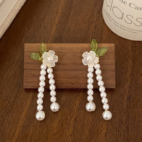 Elegant Flower Artificial Pearl Tassel Dangle Earrings With 925 Sterling Silver Earring Post Sweet Floral Design For Women
