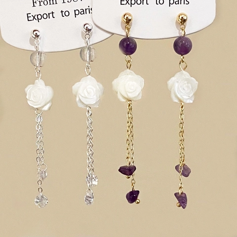 Retro Long Chain Tassel Dangle Earrings Copper Jewelry With White Rose And Purple Stone Beads For Women