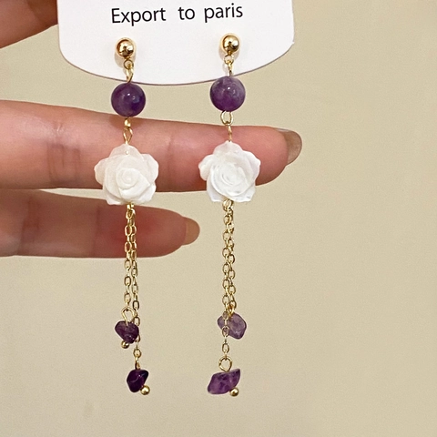 Retro Long Chain Tassel Dangle Earrings Copper Jewelry With White Rose And Purple Stone Beads For Women