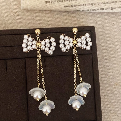 Bowknot Artificial Pearl Tassel Earrings Copper Long Drop Dangle Jewelry For Women Fresh Elegant Bow Design Handcrafted Wedding Gift