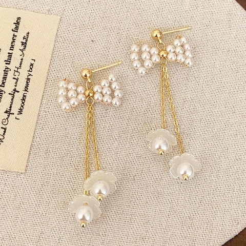 Bowknot Artificial Pearl Tassel Earrings Copper Long Drop Dangle Jewelry For Women Fresh Elegant Bow Design Handcrafted Wedding Gift