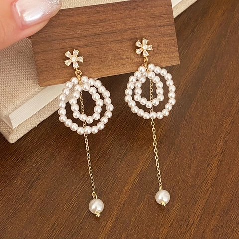 Eleganti Orecchini Lunghi Con Nappe Di Künstliche Perle E Perno In Rame Placcati Oro 14K Zircone Fiori Per Donna Stile Vintage