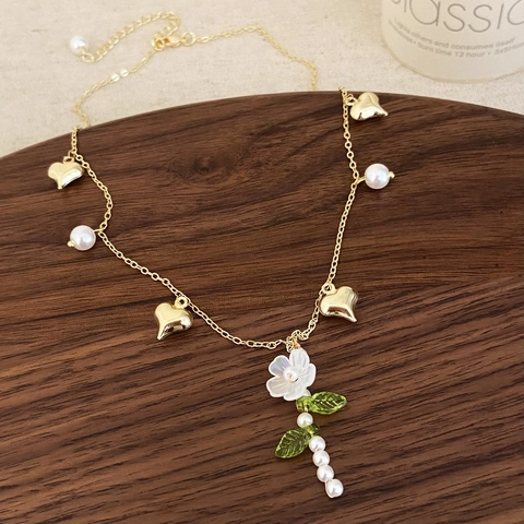 Collana Ciondolo Fiore E Orecchini Cuore Perla Artificial Gioielli Vintage Floreali Donna Elegante Rame 925 Argento Sterling Perno