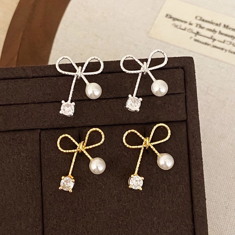 Schleife Stecker Ohrringe Kupfer Mit Künstliche Perle Und Zirkonia Geometrischer Französischer Eleganter Schmuck Für Damen
