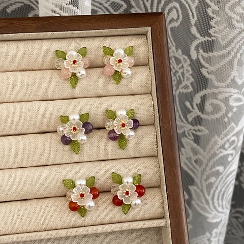 Orecchini A Lobo Fiore Rame Placcato Oro 14K Pietra Naturale Resina Perla Artificial Con Perno In Argento Sterling 925