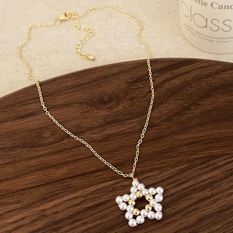 Handgefertigte Sternkette Und Ohrringe Gewebte Weiße Kunstperlen Vergoldetes Messing Schlüsselbein Kette Minimalistischer Schmuck