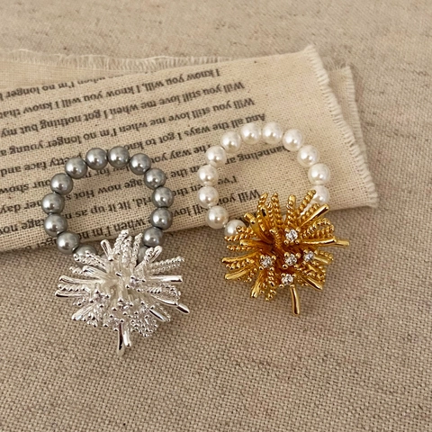 Dandelion Firework Shape Artificial Pearl Ring Beaded Alloy Rhinestone Adjustable Personalized Hand Jewelry Women Daily Fashion